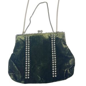 Vintage Olive Green Velvet Evening Bag with Rhinestone Embellishment Cocktail